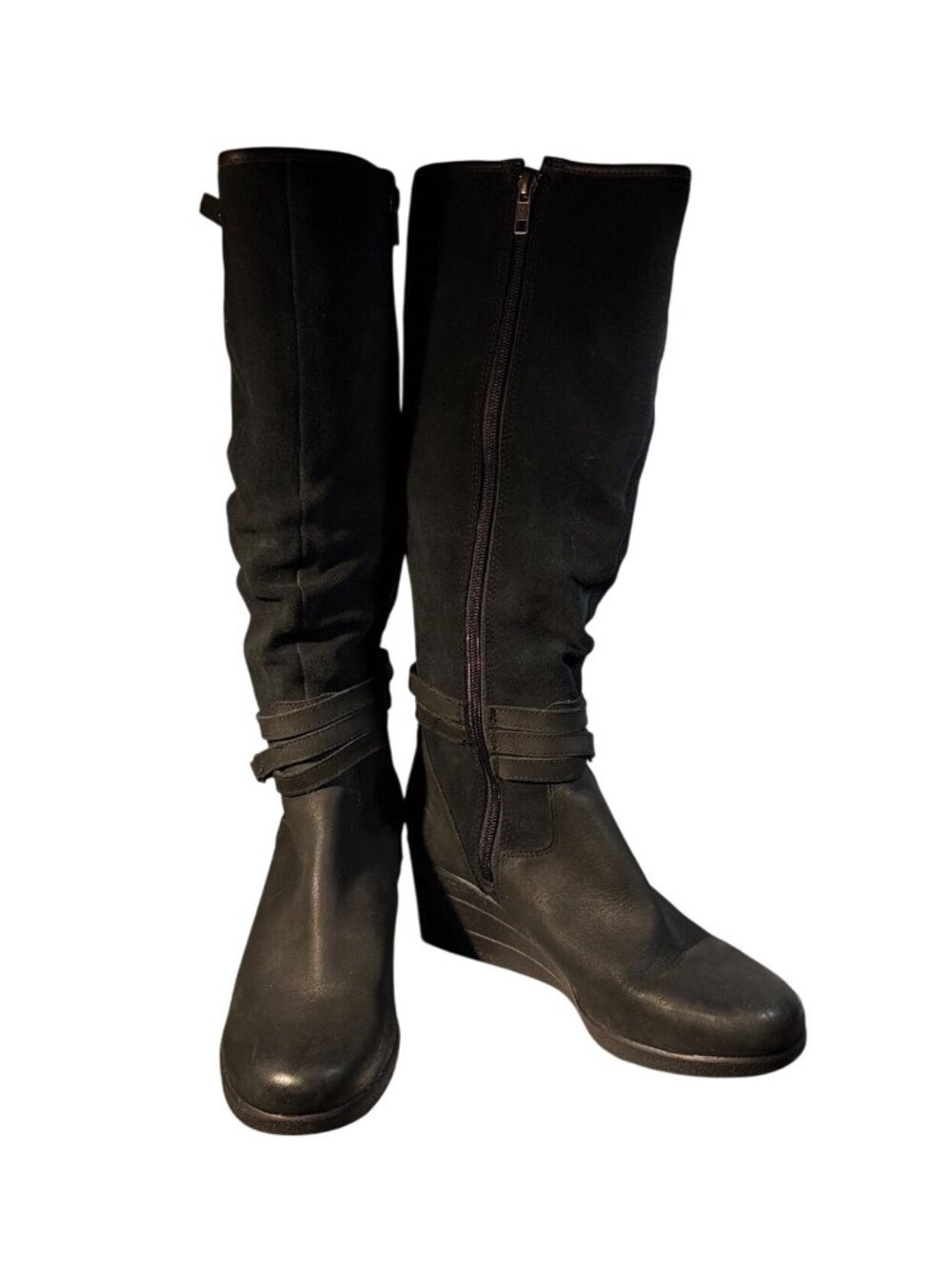UGG Leslie Black Boots Women Size 9 Suede Leather Wedge Knee High Side Zippers